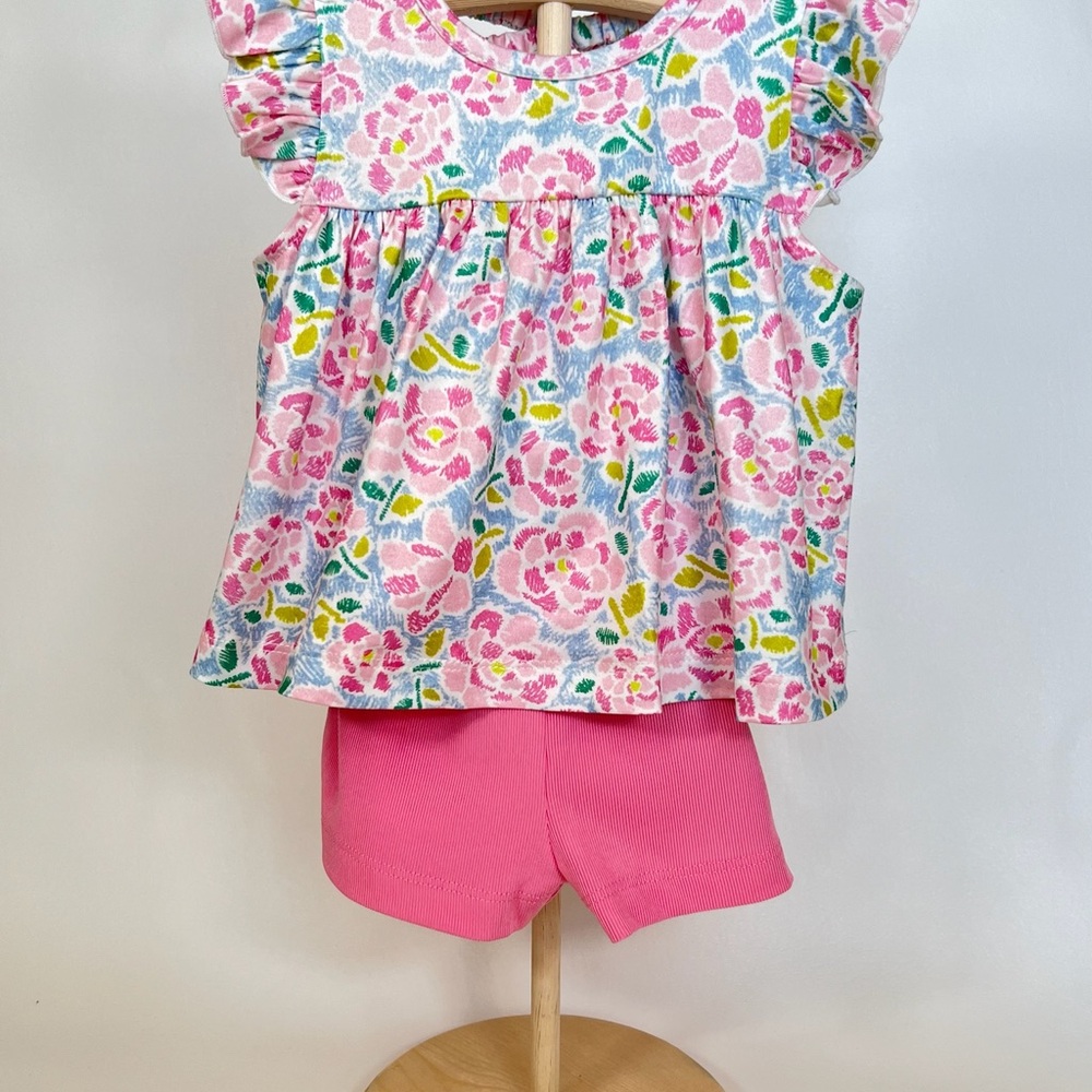 Pink Floral Ruffle Sleeve Top & Pink Shorts Baby Girl Matching Set